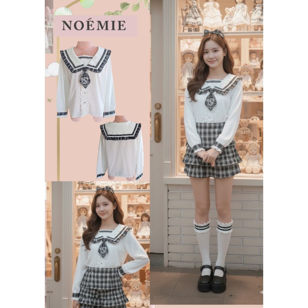 เสื้อปกกะลาสี แบรนด์ NOEMIE มือ 1 ของใหม่ ปกทหารเรือประดับมุกและลูกไม้ มีเนคไท กระดุมเพชร 😘💕แบรนด์ญี