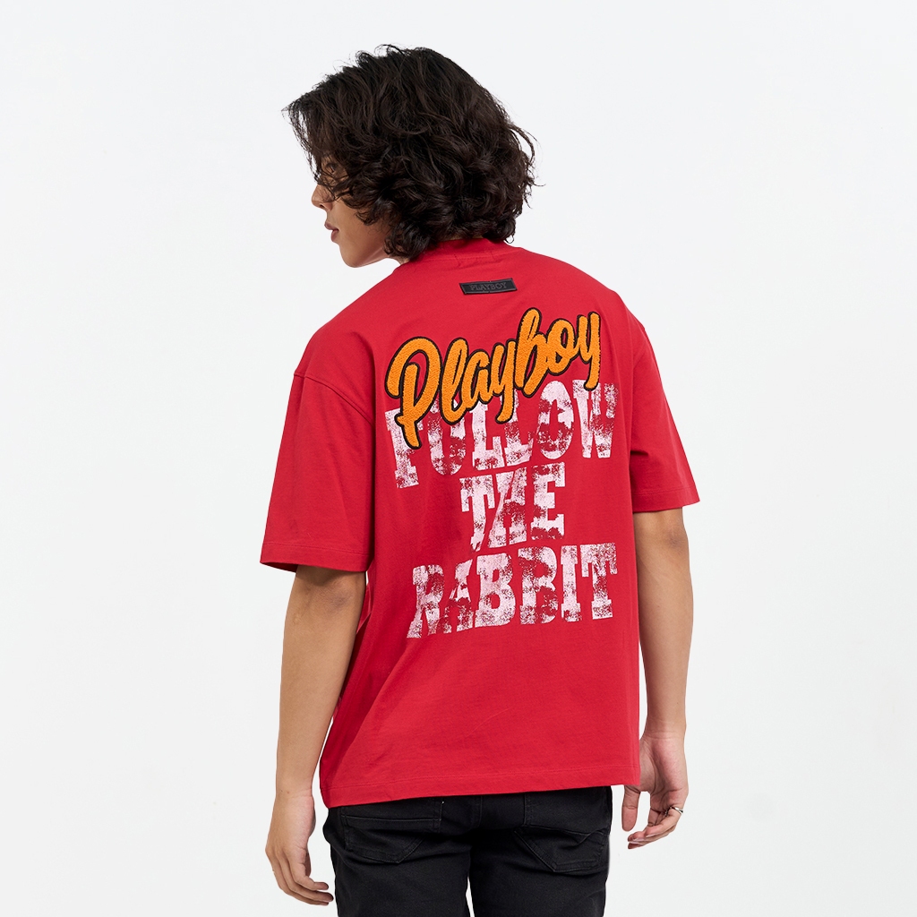 PLAYBOY B&WFEEL  เสื้อผ้าผู้ชาย/เสื้อยืด OVERSIZEสีแดง รุ่น P1MT261OT024RE