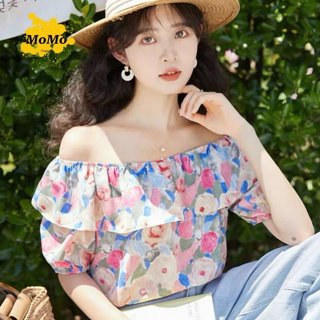 เสื้อลายดอกไม้ผ้าชีฟองแขนสั้น ดีเทลจับจีบพอง รุ่น 074 thumbnail 4