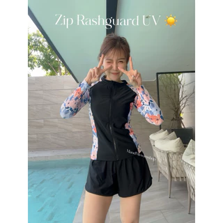 Zip Rash guard UV ชุดว่ายน้ำผู้หญิงซิปหน้าแขนยาวใส่คู่กับกางเกงว่ายน้ำขาสั้รทรงสปอร์ตหรือกางเกงว่ายน้ำขายาว M-5XL