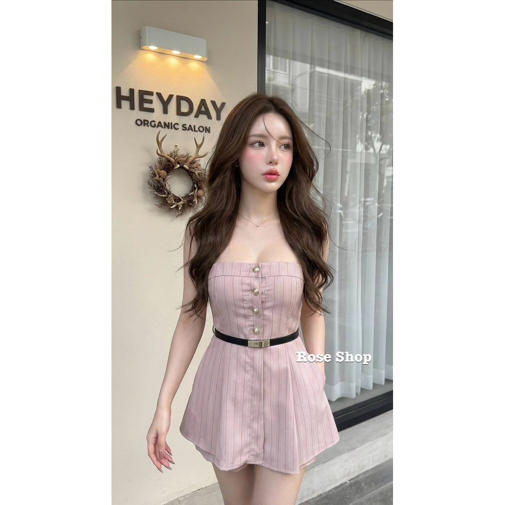 Phapassz – เชต 3ชิ้น เสื้อเกาอกลายริ้วกระดุมมุก มาพร้อมกางเกงเข็มขัดหรู กระดุมหน้าใช้งานได้จริง ชิค #Roseshop – โปรปัง
