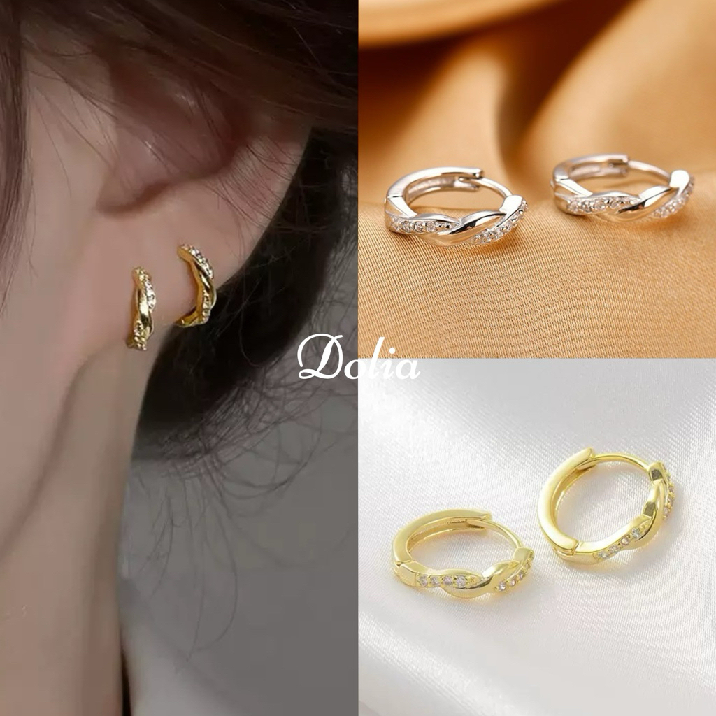 DOLIA [พร้อมส่งจากไทย] ต่างหูห่วงเงินแท้ S925 ต่างหูห่วงเพชรเข็ม สวยหรูต่างหูสไตล์เกาหลี ราคาต่อ 1 คู่ A09