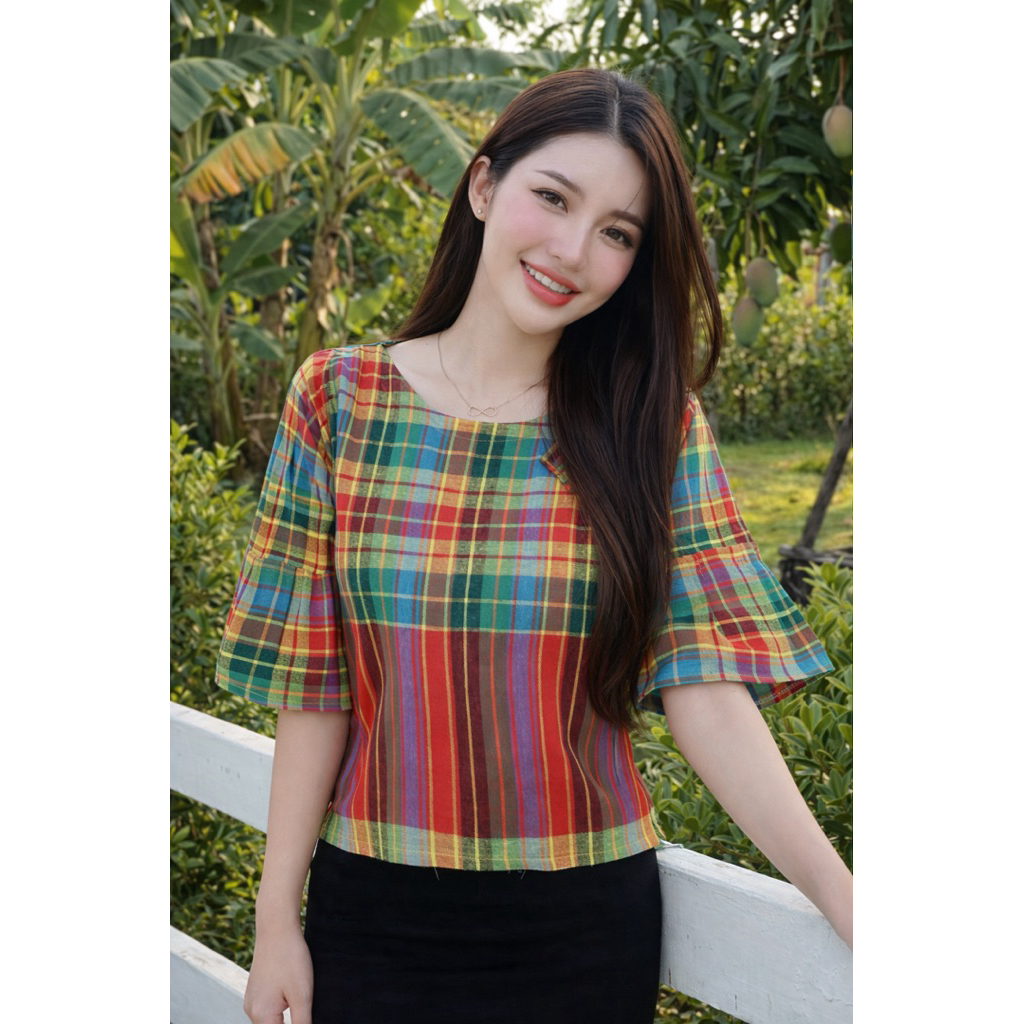 พร้อมส่ง✅ เสื้อแขนกระดิ่งผ้าขาวม้า - รูปที่ 5