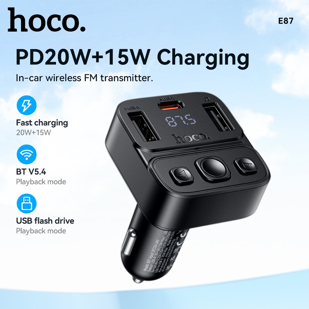 ที่ชาร์จช่องเสียบที่จุดบุหรี่  5.4 HOCO E87 จ่ายไฟ 35W จอดิจิตอล LED ดีไซน์เรียบหรู สำหรับติดตั้งในร