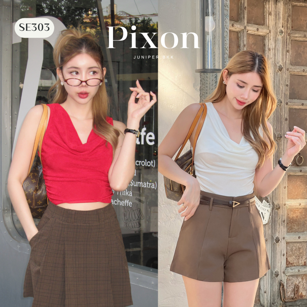 SE303 l PIXON  เสื้อกล้ามครอป ดีเทลคอถ่วง จับจีบ Clothing ผู้หญิง [ซื้อครบ1,000 แถมเครื่องประดับ]