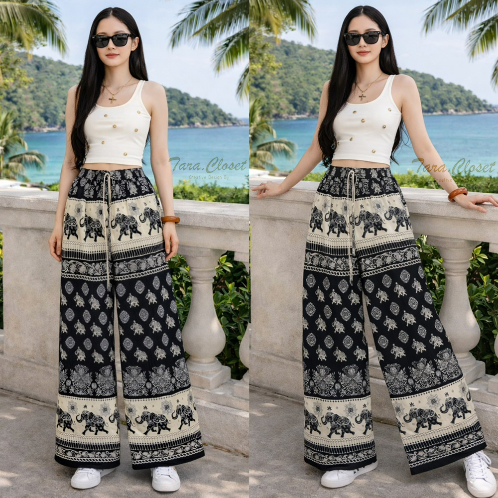 COM519 TARA Pants กางเกงช้าง เอวยางยืด ทรงขากระบอกใหญ่ มีทั้งขายาวและขาสั้น เนื้อผ้าไหมอิตาลีพิมพ์ลาย ช้างไม่กลับหัว