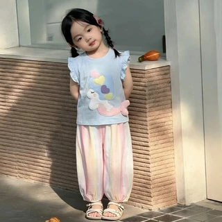 ชุดเสื้อผ้าเด็ก: เสื้อยืดแขนระบายทรงนางเงือก + กางเกงขายาวสีสันสดใส สไตล์เกาหลีน่ารักหวานแหวว ทำจากผ้าฝ้ายแท้