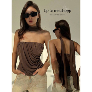 เสื้อเกาะอกเข้ารูป จับจีบ สีน้ำตาลหรูหรา  พร้อมสายคล้องคอ สุ…