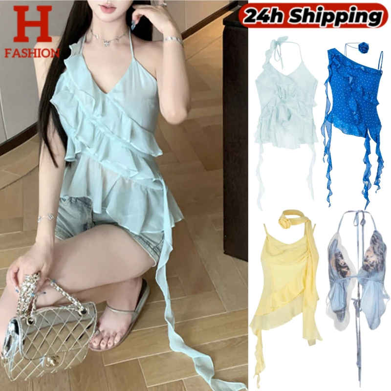 Hot 'พร้อมส่ง' เสื้อสายเดี่ยวขอบบัวใบไม่สม่ำเสมอสีฟ้าแขนกุดเปิดกลับท็อปส์ FY3038