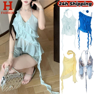 Hot 'พร้อมส่ง' เสื้อสายเดี่ยวขอบบัวใบไม่สม่ำเสมอสีฟ้าแขนกุดเปิดกลับท็อปส์ FY3038