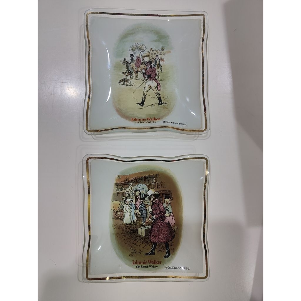 จานเสิร์ฟอาหารว่างลาย Johnny Walker ชุด 2 ชิ้น 🌸มือสอง🌸ลายวิสกี้สกอตช์ จาน จานรองแก้ว สะสม สินค้าญี่