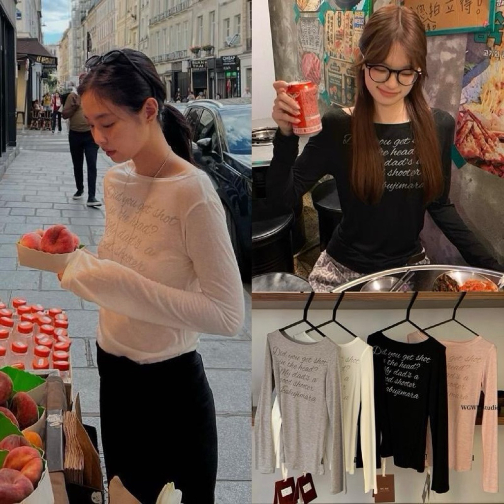 BY0409 เสื้อแขนยาวคอกว้าง ผ้าคอตตอนซีทรูสกรีนลายตัวอักษร benly co