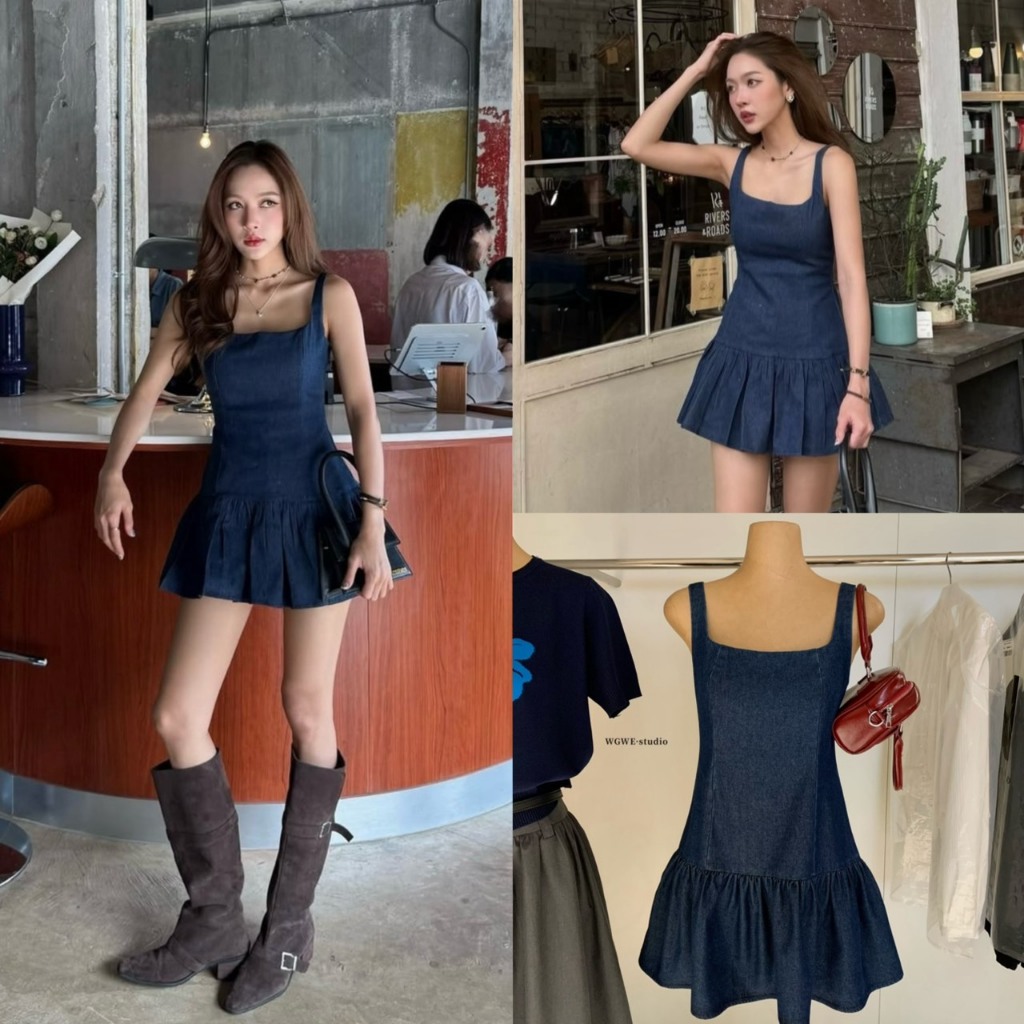 Mini dress เดรสสายเดี่ยวผ้ายีนส์ฟอกรุ่น 8741 TAG WG.WE 🇰🇷