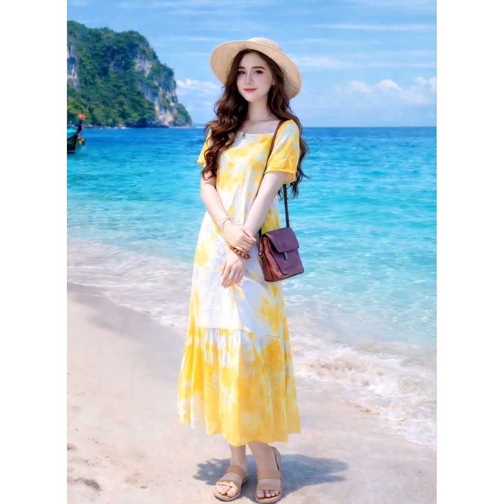 ชุดมัดย้อมสีสวยสดใส ผ้าพริ้ว ใส่สบายไม่ร้อน เอวแบบผูกปรับได้ ทรงคอสี่เหลี่ยม