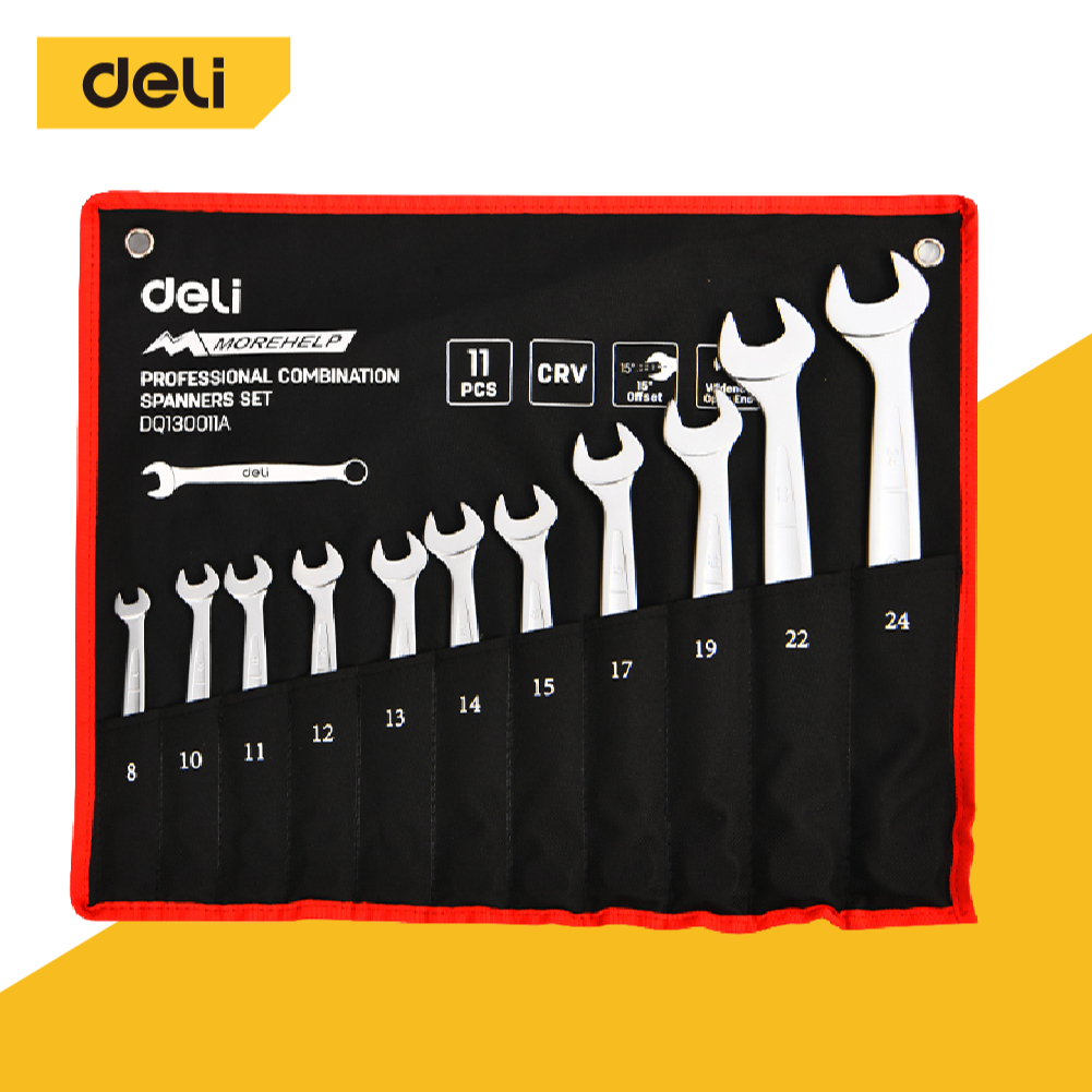 Deli ประแจแหวนปากตาย ชุดประแจ 6/8/11 ชิ้น ขนาด 8–24 มม. งานช่างมืออาชีพ Spanner Set
