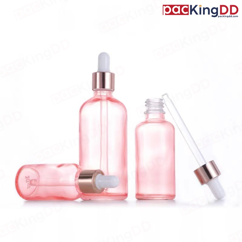 (แพ็ค 10 ชิ้น) ขวดแก้ว ดรอปเปอร์ สีชมพู หัวบีบสีขาว ขนาด 5-100 ml. #P390 ขวดดรอปเปอร์ ขวดเซรั่ม PackingDD