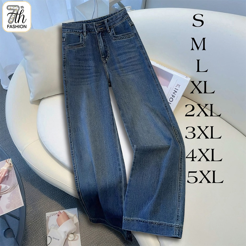 📍 S-5XL กางเกงยีนส์ขายอดสูง ผู้หญิง High Waist Straight Leg Jeans สีน้ำเงินเข้ม ทรงตรงหลวม พร้อมส่ง