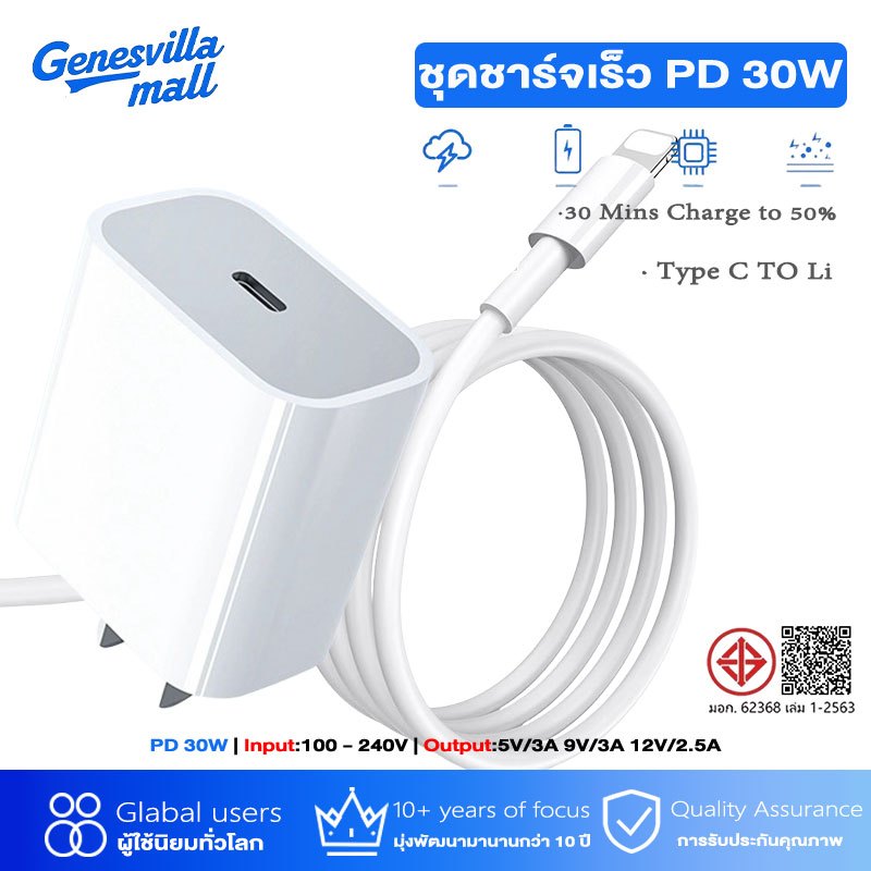 หัวชาร์จเร็ว+สายชาร์จเร็ว PD 30W ชุดชาร์จ type-c Fast charge type c to Li รองรับรุ่น IP7~14 PRO MAX