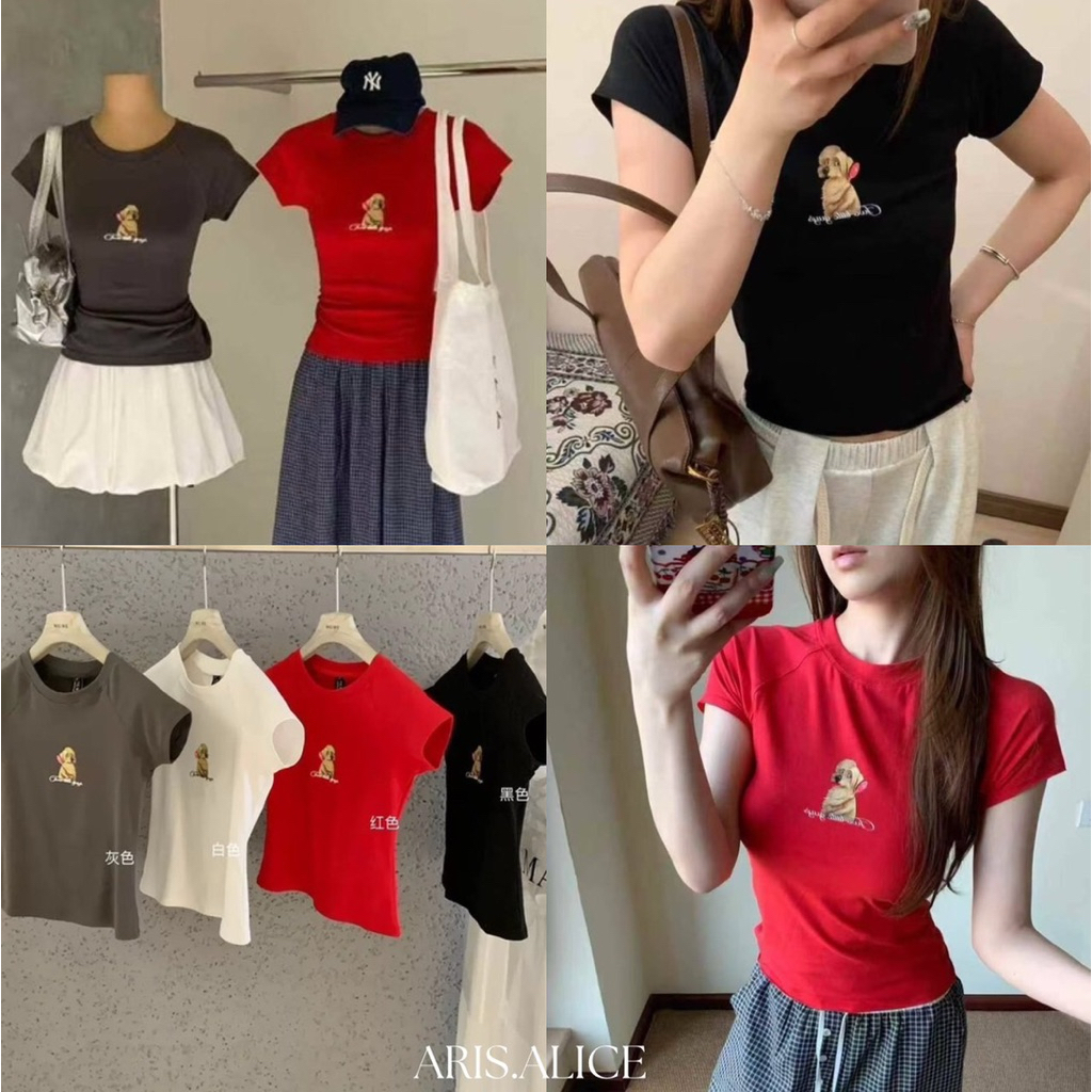 เสื้อครอปทรงเข้ารูปสกรีนลายน้องหมา TAG : WG.WE🇰🇷 เนื้อผ้านิ่มยืดได้เยอะ ทรงสวย แมทซ์ง่ายค่ะ
