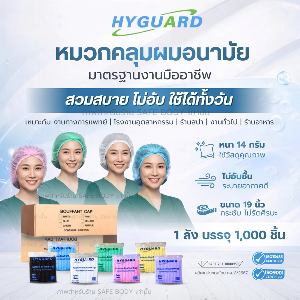 หมวกคลุมผม หมวกตัวหนอนเกรดทางการแพทย์ยี่ห้อ Hyguard 1,000 ชิ้น20แพ็ค ยกลัง พร้อมส่ง