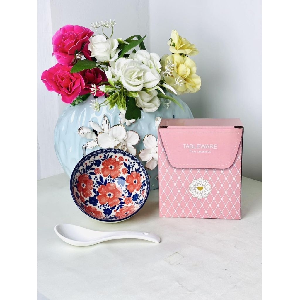 ชุดถ้วยเซรามิคแถมช้อน กล่องสีชมพู (ถ้วยคละลาย)เหมาะสำหรับทำของชำร่วยงานแต่งงานบุญ - รูปที่ 2