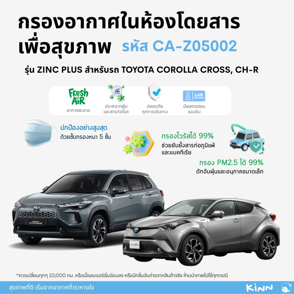 [PM2.5+ไวรัส]กรองแอร์ Toyota Corolla Cross, CH-R KINN รุ่น ZINC+ ประสิทธิภาพเทียบเท่าการสวมหน้ากาก N