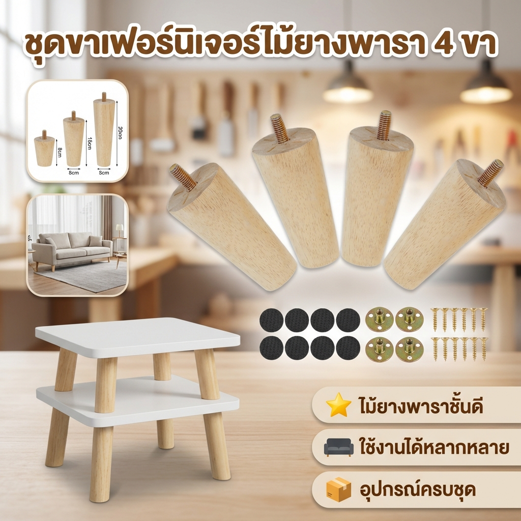 ขาเฟอร์นิเจอร์ไม้ 4 ชุด ความสูง 8/15/20 ซม. แบบตรงเรียบ วัสดุไม้แข็งแรง สำหรับยกเตียง โต๊ะ โซฟา หรือเก้าอี้