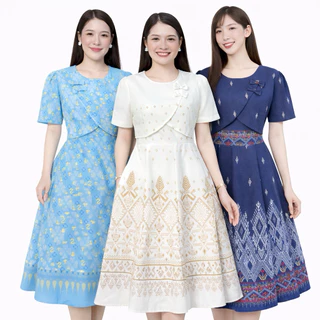 ชุด2in1 มีซิปหลังและสม็อคหลัง แต่งโบว์ 2 อันที่ช่วงบน เดรส Dress เสื้อผ้าผู้หญิง ชุดทำงานผู้หญิง