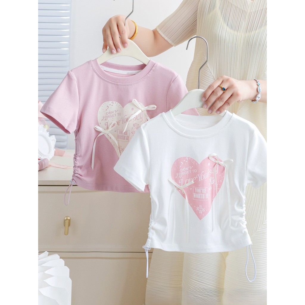 S40-S41 เสื้อครอปแขนสั้นเด็กหญิงลายหัวใจริบบิ้นโบว์ เชือกรูดข้าง