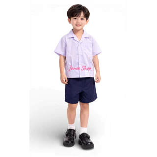 ชุดนักเรียนอนุบาลเอวจั๊ม กางเกงเอวยางซิปหน้า สีกรมอ่อน*ราคาทั้งชุด*