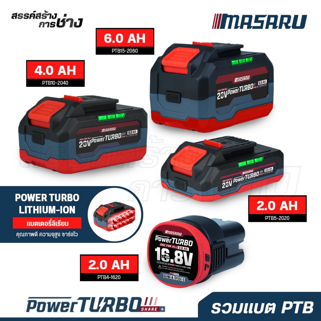 MASARU แบตเสริม PTB4-1620/PTB5-2020//PTB10-2040/PTB15-2060 POWER TURBO อุปกรณ์ไร้สาย แบต สว่าน