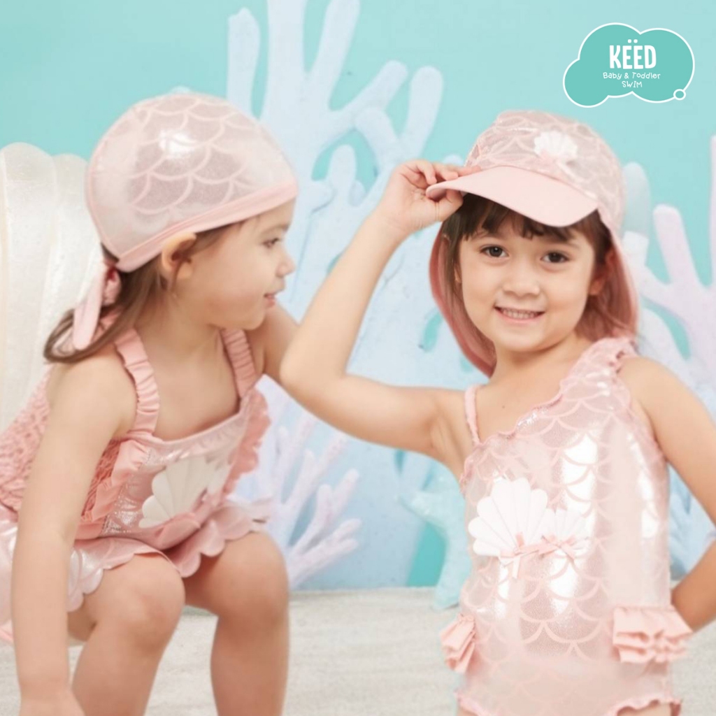 ✨NEW✨ KEED : MERMAID หมวกว่ายน้ำสีชมพูนู๊ด พิมพ์ลายเมลเมด กัน UV50+