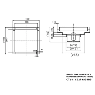 COTTO รุ่น CT6411Z2P#GG(HM) ตะแกรงน้ำทิ้งสแตนเลสเหลี่ยม ท่อพีวีซี ปูกระเบื้องทับได้ สีเทาด้าน