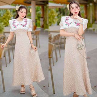 เดรสยาวคอปกงานปักสีครีมน้ำตาล