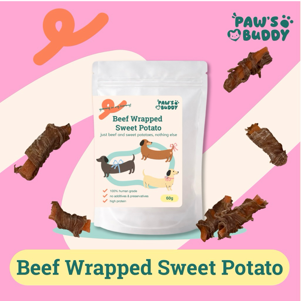 ขนมสุนัข เนื้อวัวพันมันหวาน Paw’s Buddy ขนมสุนัขเกรดคนทาน 60g
