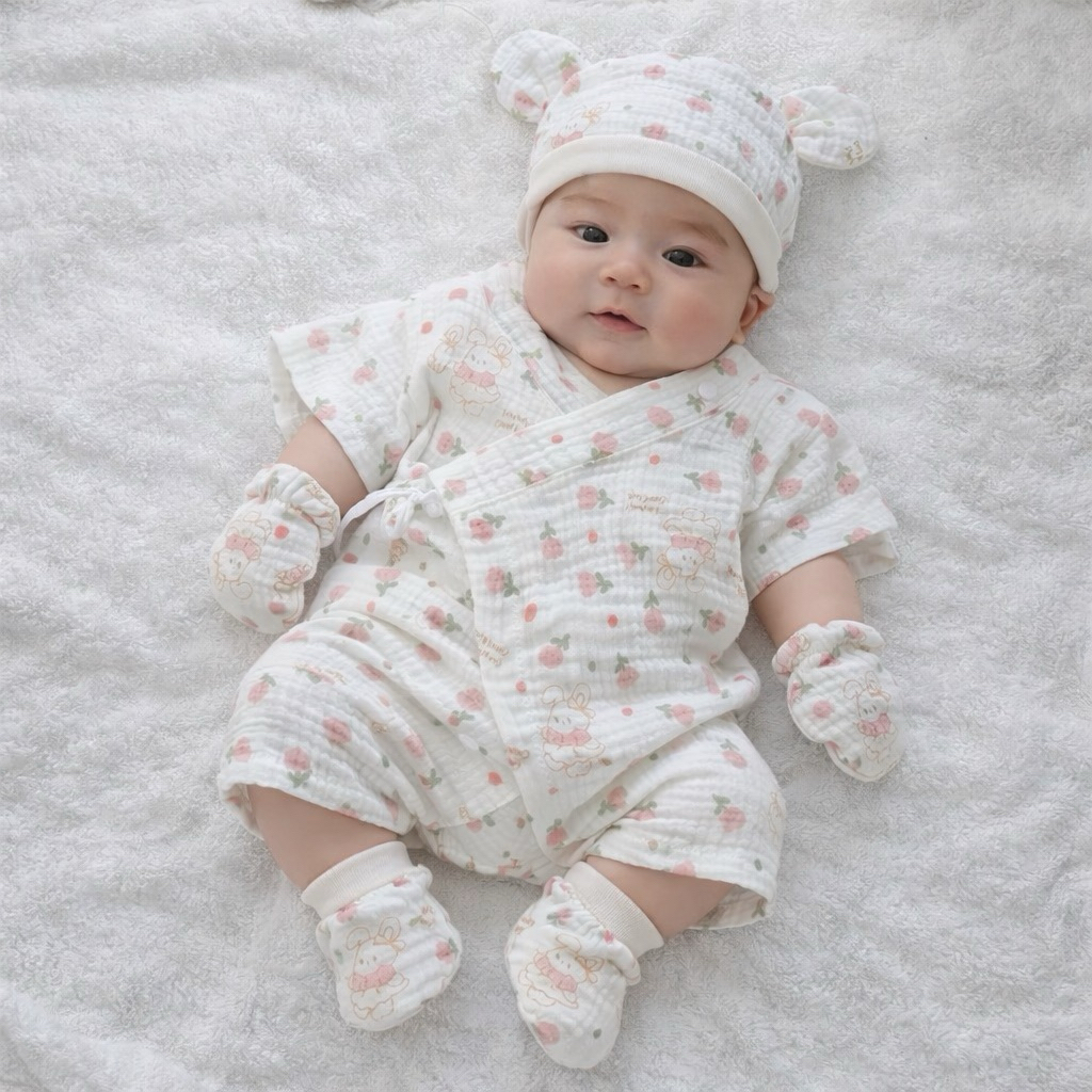 set ชุดเด็ก บอดี้สูทผูกหน้า หมวก ถุงมือ ถุงเท้า แรกเกิด 7 ชิ้น ผ้ามัสลินย่น 0-3m เด็กทารก เด็กหญิง เสื้อ  ผ้า