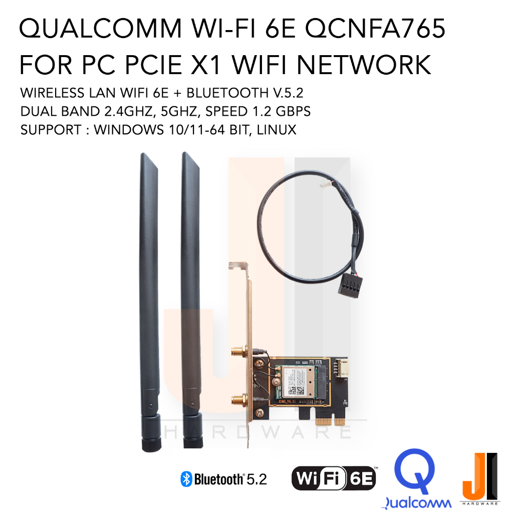 Qualcomm QCNFA765 Wifi 6E Pcie X1 wireless lan + bluetooth v.5.2 dual band 2.4Ghz,5Ghz speed 1.2Gbps