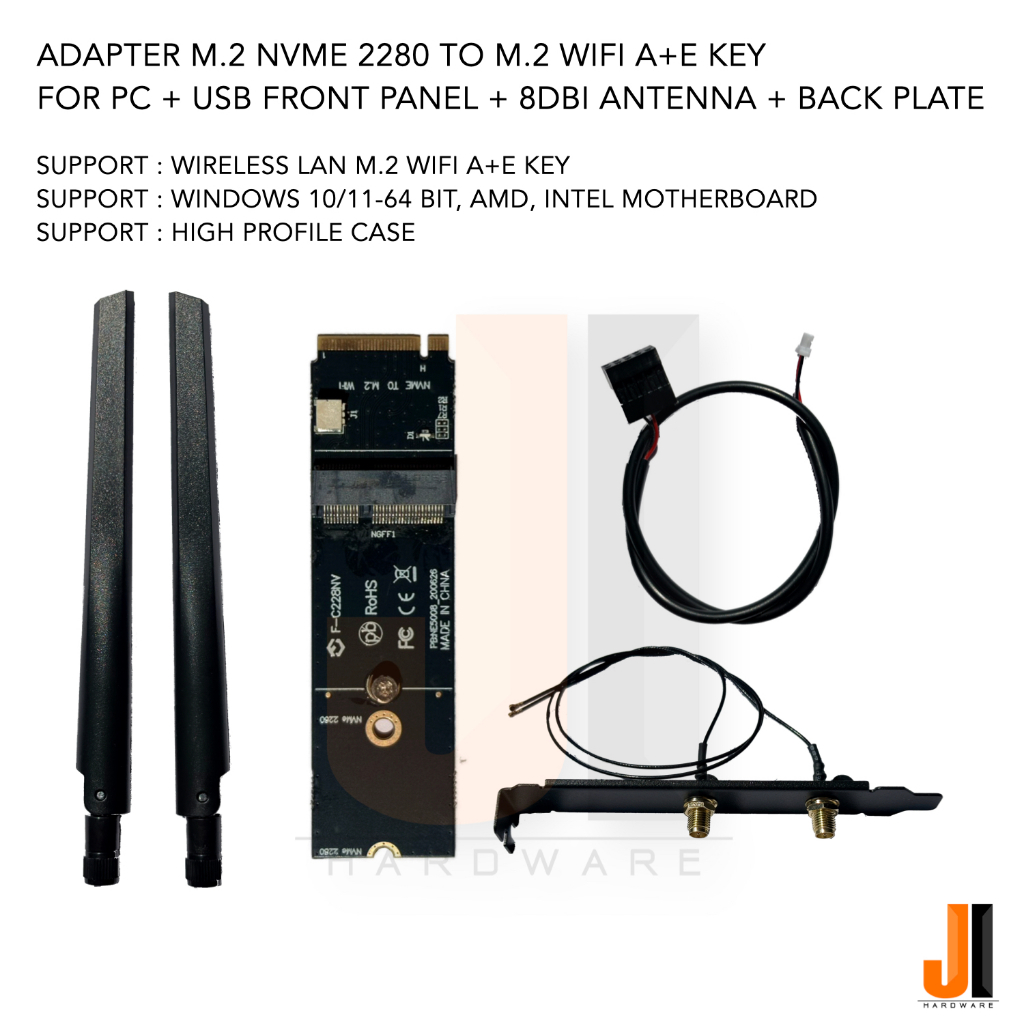 Adapter M.2 NVME 2280 to M.2 Wifi (A+E Key) + USB front panel + back plate + 8dbi antenna (ของใหม่มีการรับประกัน)