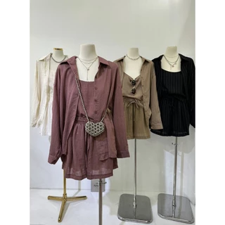 #ป้าย B524 เสื้อเชิ้ตแขนยาว + สายเดี่ยว + กางเกงขาสั้น (3 ชิ้น) มีให้เลือก 2 สี: ขาว / ดำ