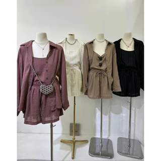 #ป้าย B524 เสื้อเชิ้ตแขนยาว + สายเดี่ยว + กางเกงขาสั้น (3 ชิ้น) มีให้เลือก 2 สี: ขาว / ดำ