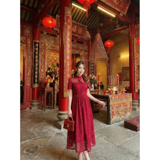 Si-am ชุดเดรสกระโปรงยาว ผ้าลูกไม้อย่างดี ทรงสวย ใส่สบาย คอจีน แต่งโบว์น่ารัก แขนสั้น เนื้อผ้าสวย สีชัดเจน ไซส์ S-4XL
