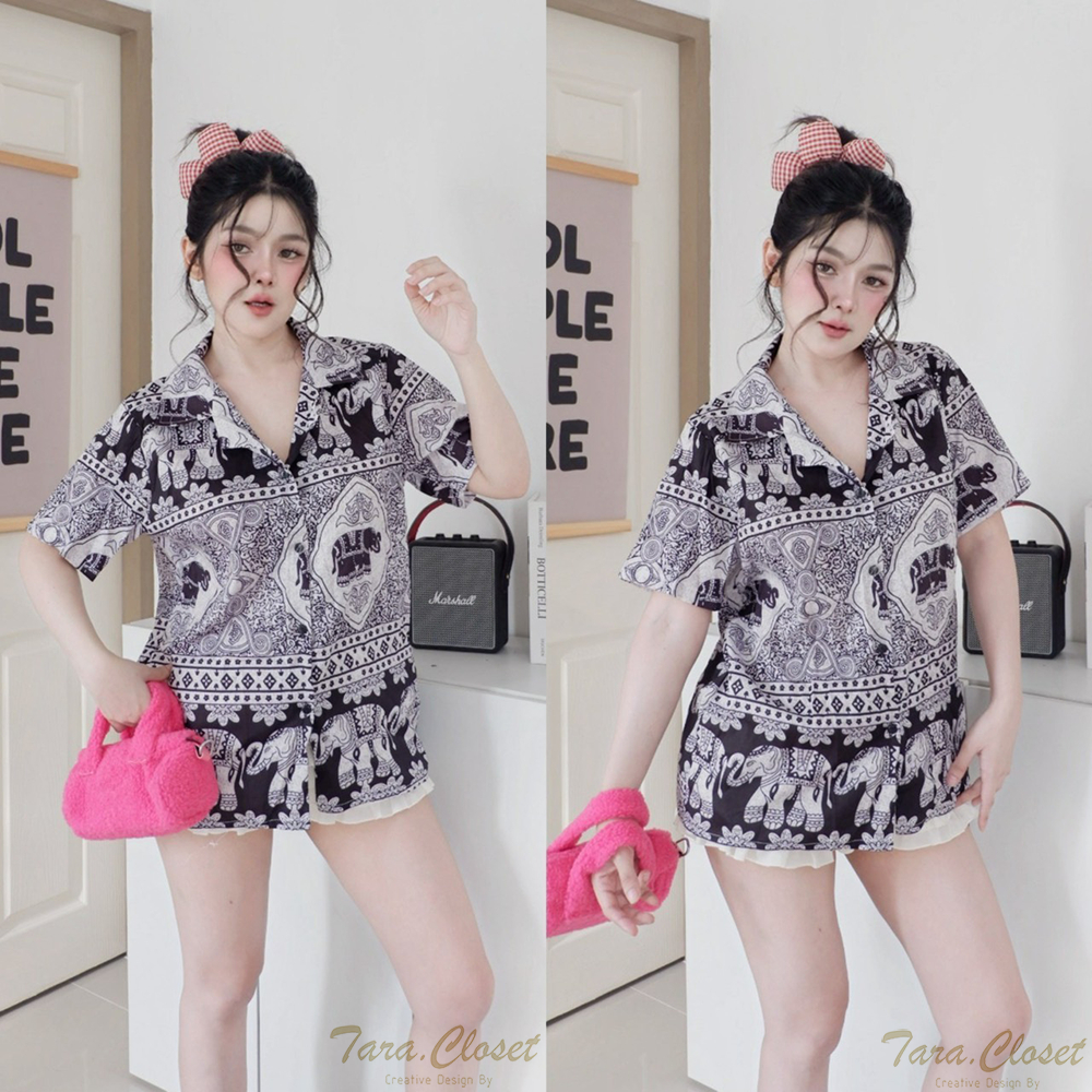 SIWA001 TARA เสื้อเชิ้ตคอปก ลายช้างไทย สงกรานต์ แขนสั้น เนื้อผ้าไหมอิตาลีอย่างดี พิมพ์ลายสวยมาก ผ้าดีใส่สบาย ไม่ร้อน