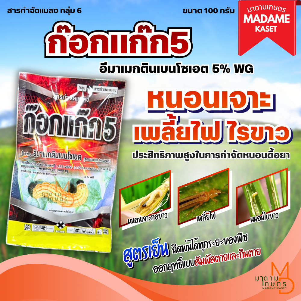 ก๊อกแก๊ก5 (อีมาเมกตินเบนโซเอต 5% WG) ขนาด 100 กรัม เก่งหนอนเจาะลูก/ดอก/ผล เพลี้ยไฟ ไรขาวในพริก สูตรเย็น ฉีดพืชได้ทุกระยะ