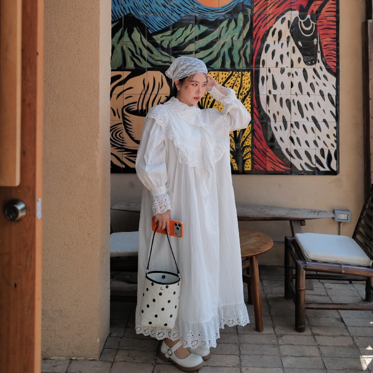 MyWay Brand : Alicia Lace Dress ชุดสีขาวล้วน ชุดทำบุญ เดรสงานบวช