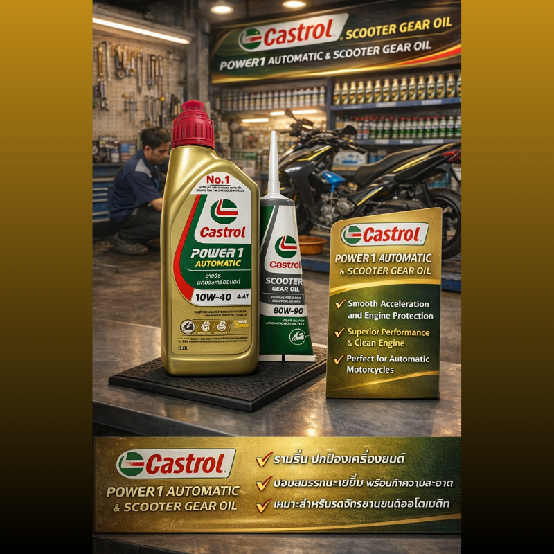 น้ำมันเครื่องพร้อมเฟืองท้าย คาสตรอล CASTROL POWER1 10W-40  ของแท้ 100% [Castrol SET]