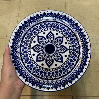จานเซรามิก 10.5 นิ้ว จานแบน จานลายโบฮีเมี่ยนสีน้ำเงิน ทำจากเ…