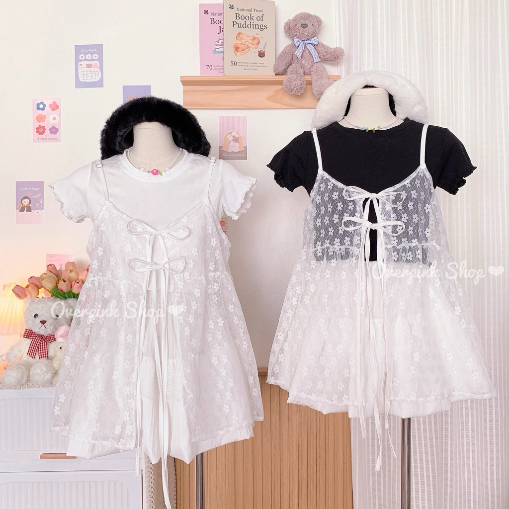 🌸OVP🌸 เสื้อสายเดี่ยว ผ้าตาข่ายลายดอกไม้ แต่งผูกโบว์ข้าง เสื้อคลุมแฟชั่น