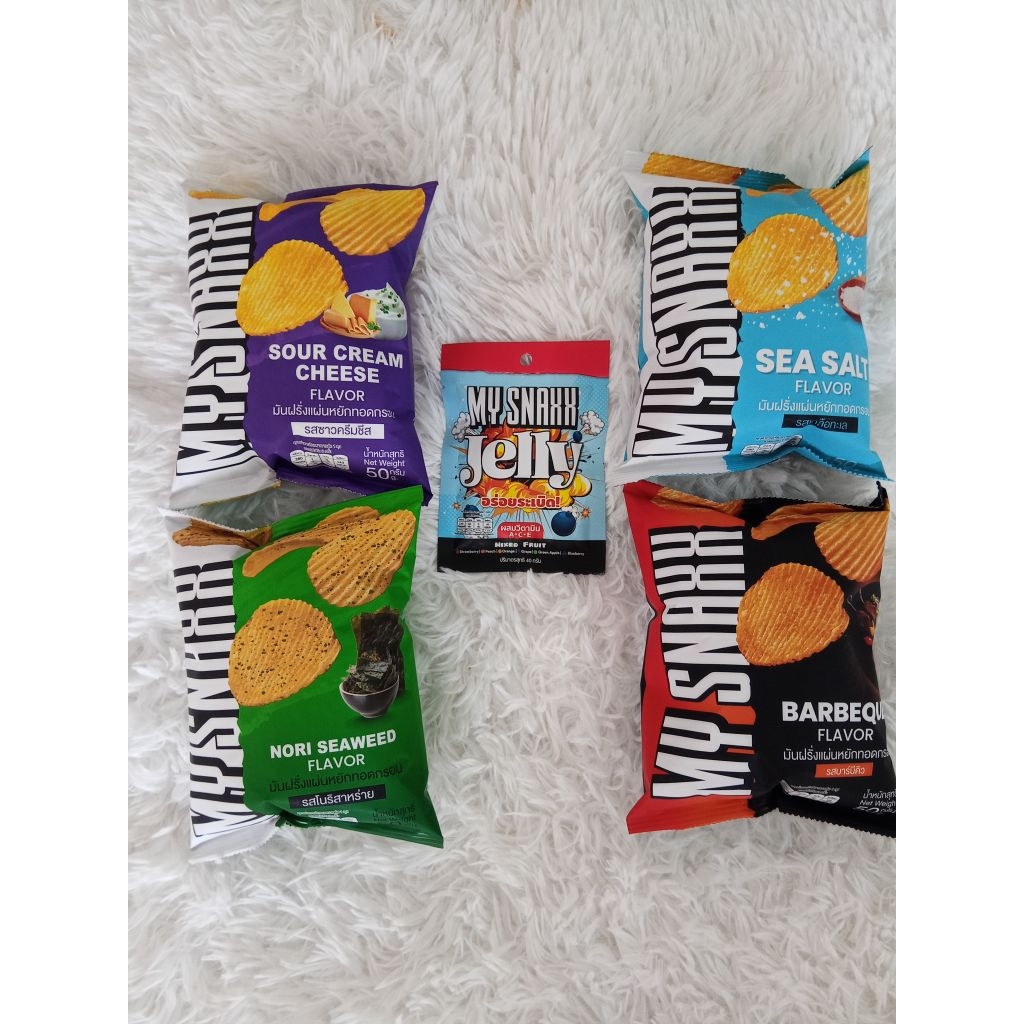 MY SNAXX เจลลี่ผลไม้รวมผสมวิตามินA,C,Eและมันฝรั่งแผ่นหยัก กรอบอร่อย ผลิตจากมันฝรั่งแท้