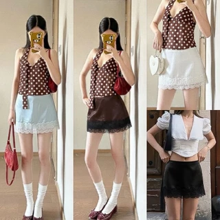 Cayla satin กระโปรงกางเกงซาตินขอบลูกไม้ เอวต่ำ