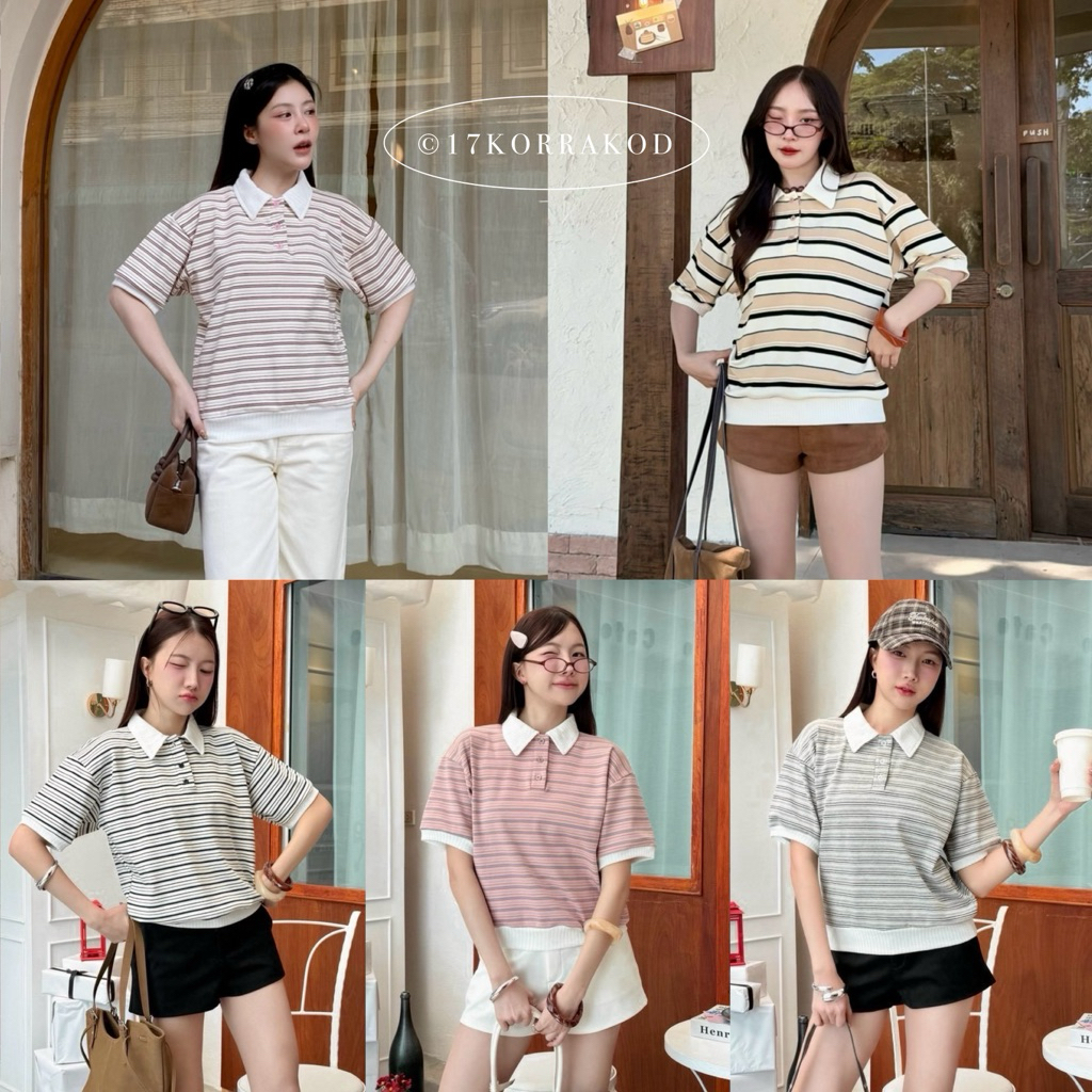 🌻เสื้อโปโลแขนสั้นทรงโอเวอร์ไซส์ลายริ้ว ดีเทลแต่งจั๊มเอวกระดุมหน้าแกะใช้งานได้ (Cookies bear)